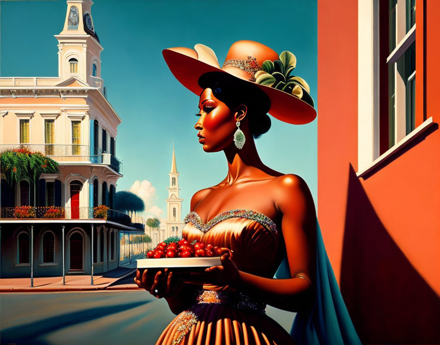 Sophisticated woman in wide-brimmed hat with cherries, classical architecture backdrop