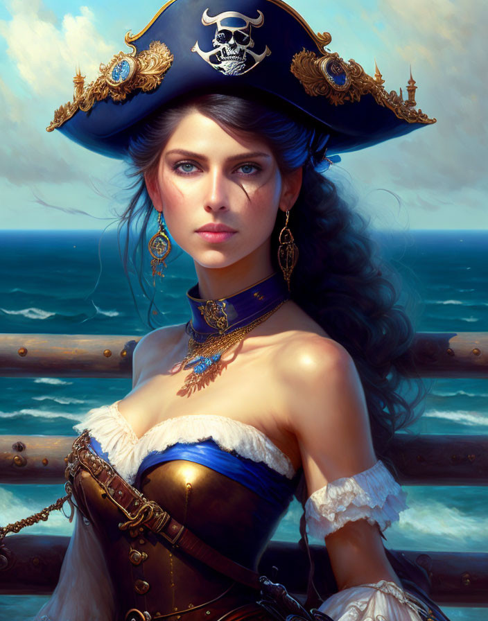 Digital artwork: Woman in ornate pirate costume with tricorn hat by the sea