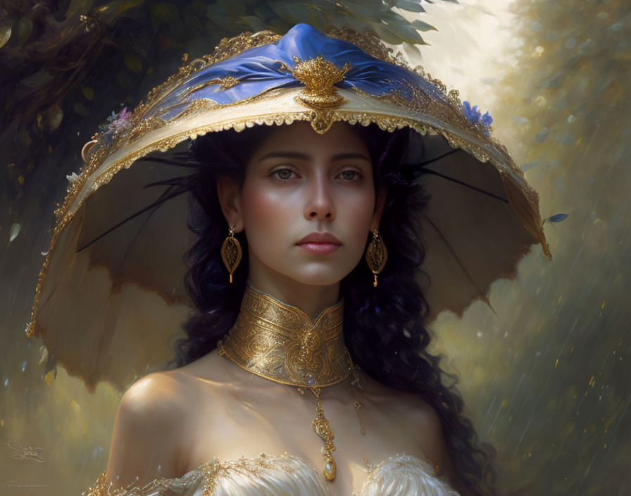 Dark-haired woman in blue & gold Victorian hat, ornate choker & earrings against soft-focus backdrop