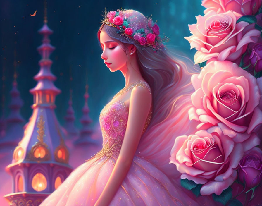 Illustrated princess with floral crown and pink dress in rose garden.