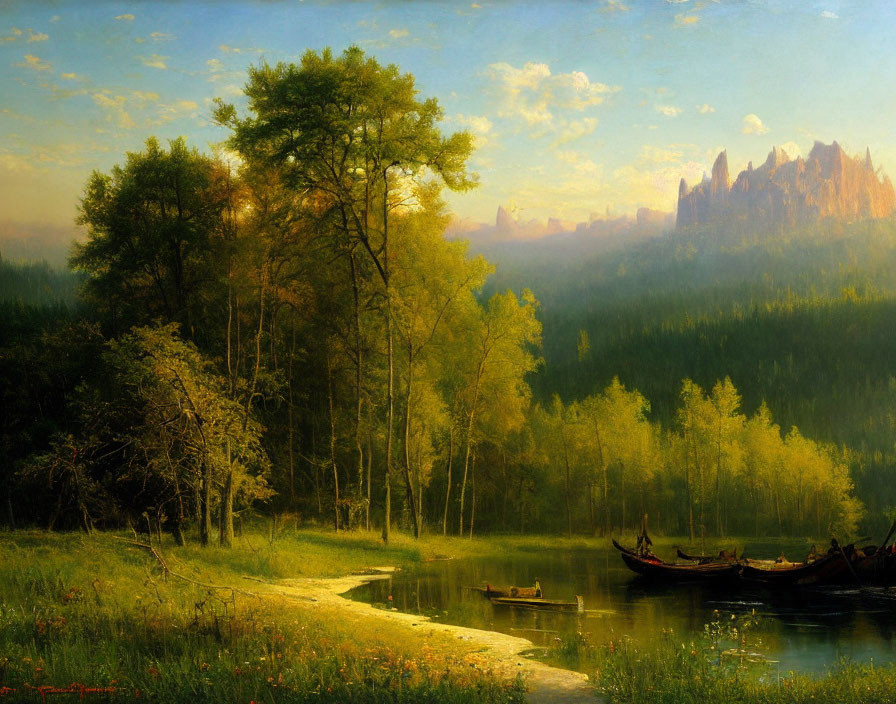 Tranquil river landscape with lush trees, boat, and distant mountains