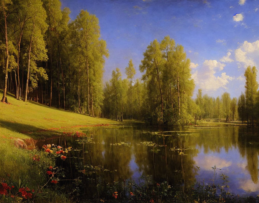 Tranquil lake with lush forest, vibrant flowers, and serene sky