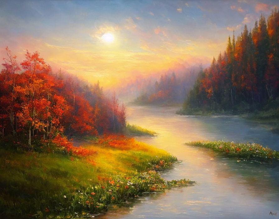 Tranquil river sunset painting with autumn foliage