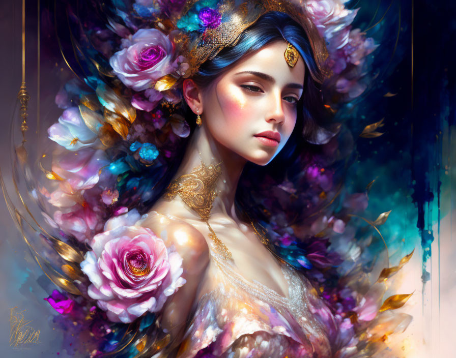 Ethereal portrait of woman with floral adornments and jeweled headpiece surrounded by vibrant blooms in