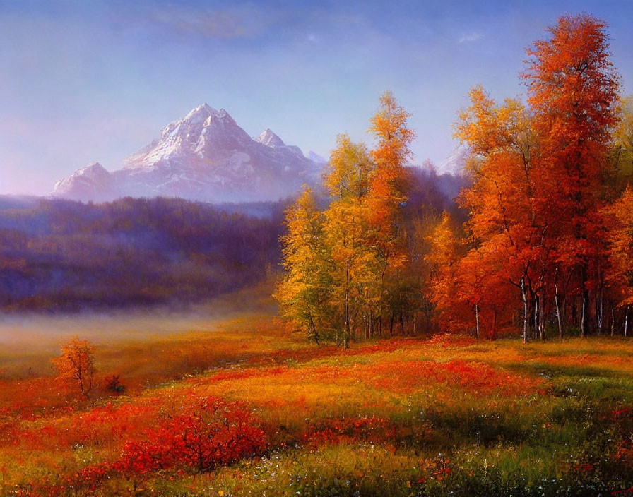 Scenic autumn landscape with red and orange foliage, misty fields, and snow-capped mountains