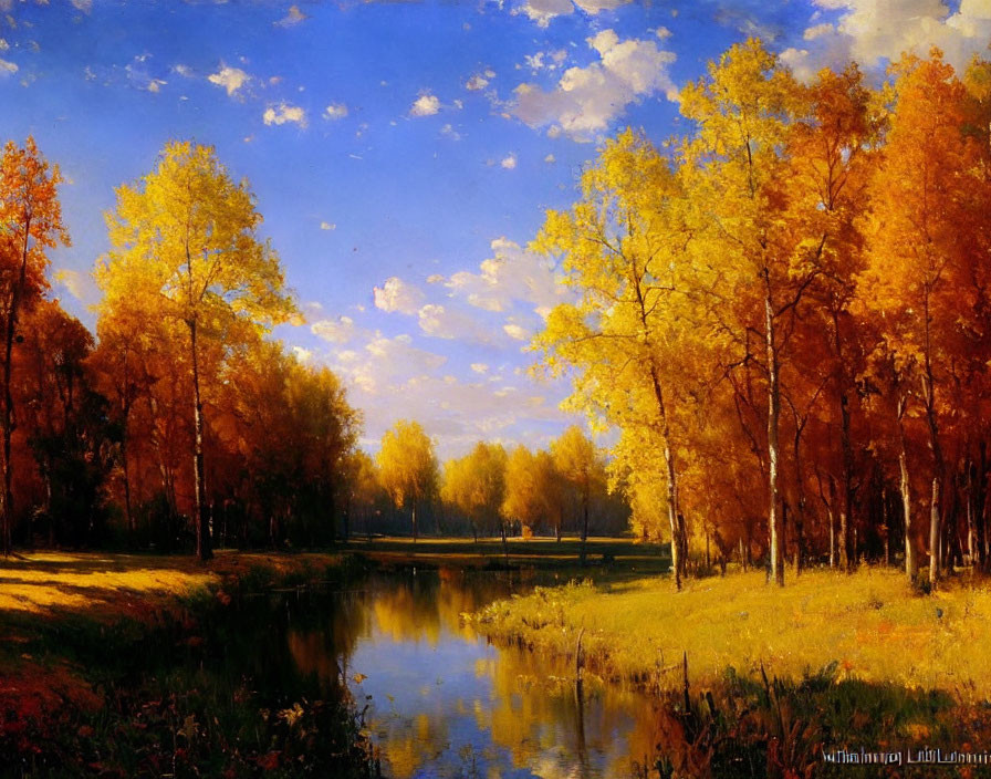 Tranquil river reflects golden autumn trees under blue sky