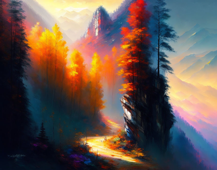 Digital painting of autumn forest with fiery colors & mountain backdrop