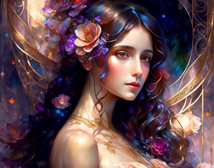 Vibrant digital art portrait of young woman with floral hair decorations