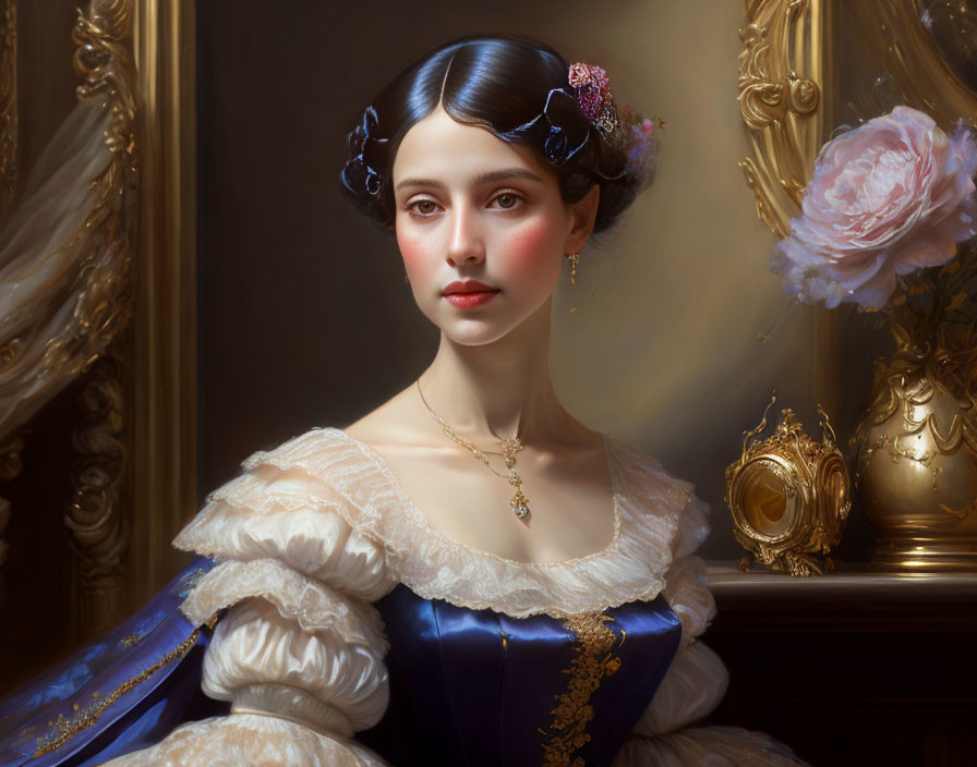 Young woman in vintage white and blue dress with delicate jewelry and white rose in ornate golden frames