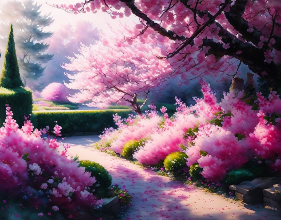 Tranquil garden path with pink cherry blossoms