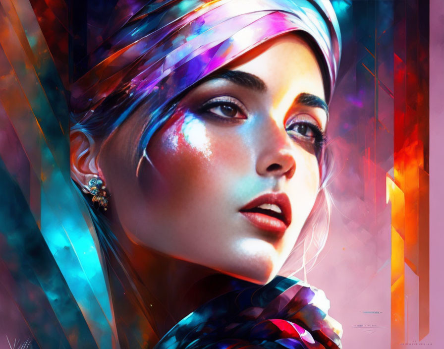 Colorful Headscarf Woman Portrait with Abstract Light Streaks