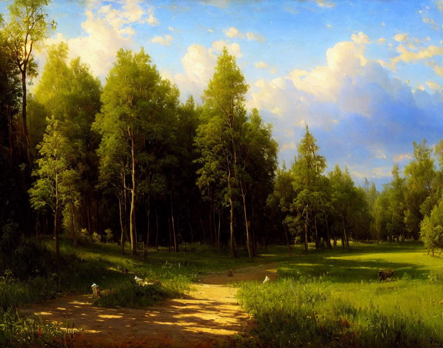 Sunlit forest path with lush green trees in serene landscape painting