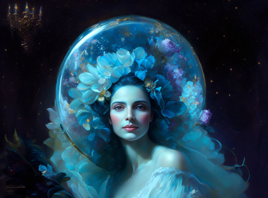 Dark-haired woman in luminous bubble with floral and starry background