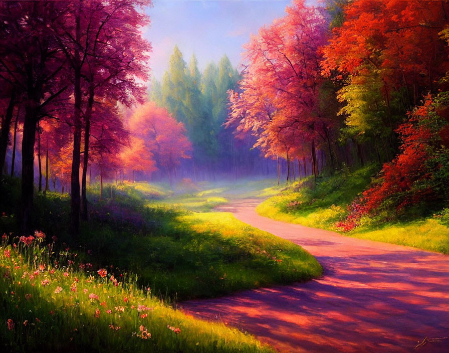 Colorful Forest Path Painting with Pink and Orange Foliage