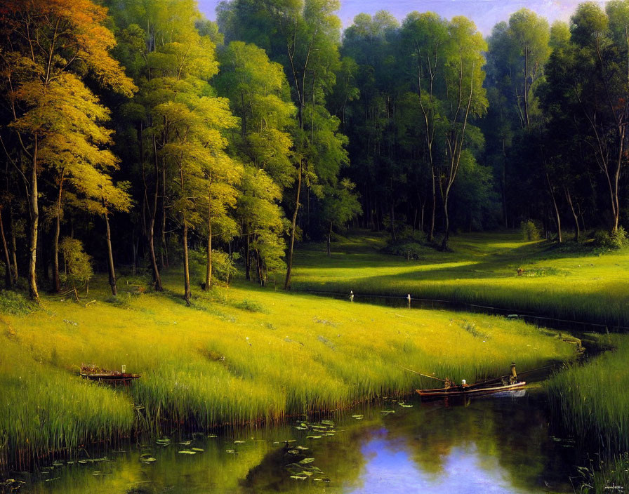 Tranquil landscape with greenery, river, canoes, and autumnal trees