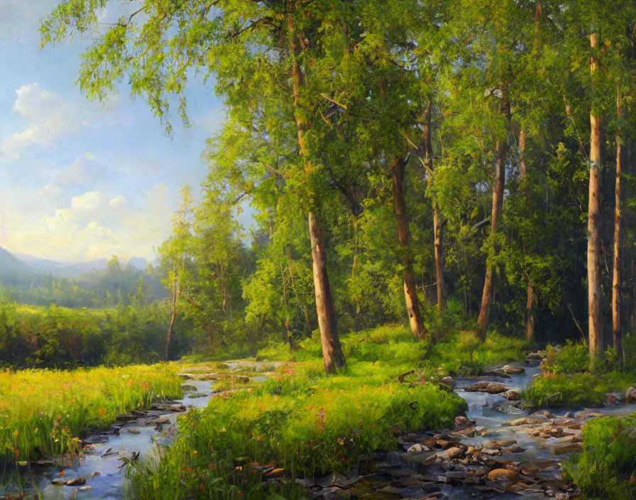 Tranquil landscape painting: sunlight through trees, stream, greenery, mountains