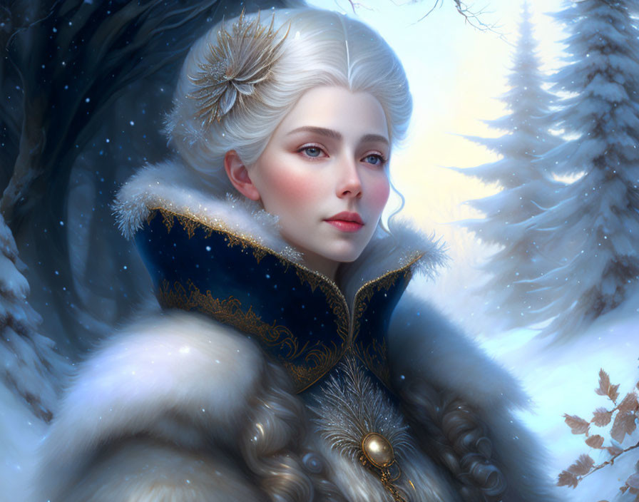 Portrait of Woman in Blue and Gold Fur Cloak in Snowy Forest