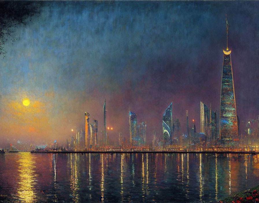 City skyline painting: skyscrapers at night by calm waters under moonlit sky