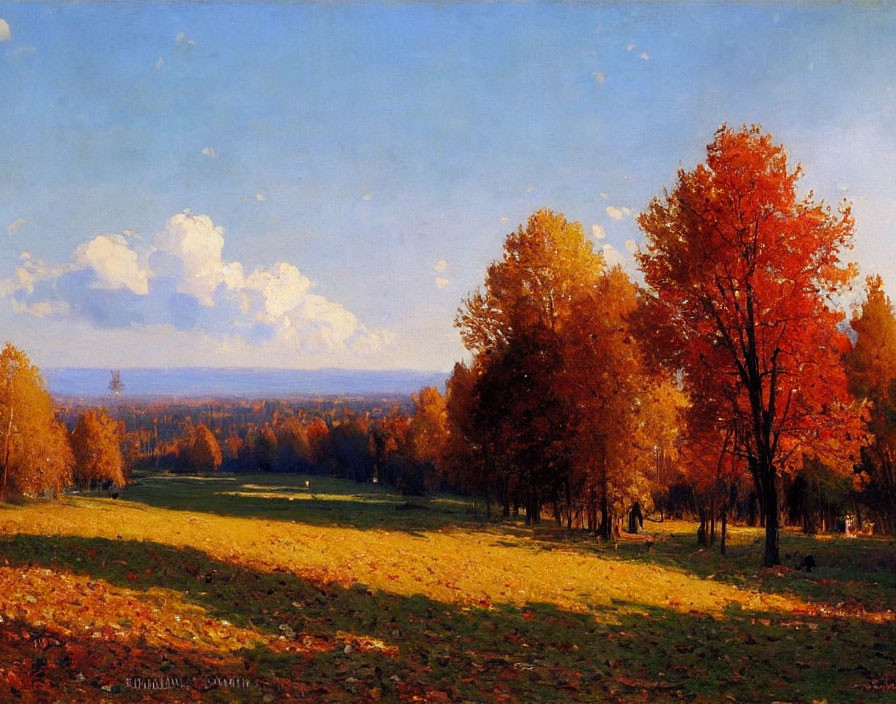 Vibrant red and orange autumn landscape with figure walking in sunlit field