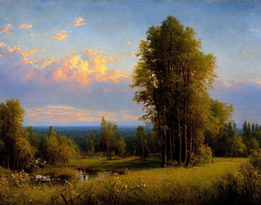 Tranquil landscape painting of lush forest under soft sunset sky