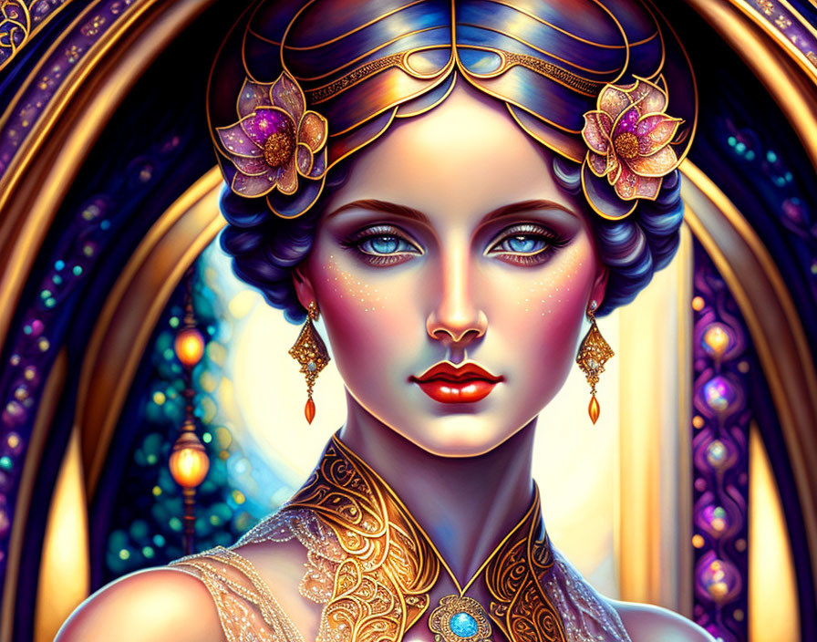 Woman with blue eyes wearing ornate gold headpiece and jewelry against stained-glass backdrop