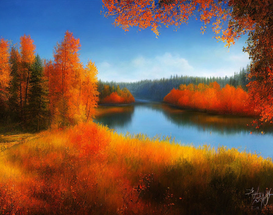 Tranquil autumn lake scene with vibrant foliage