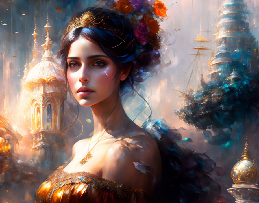 Portrait of woman with gold tiara and flowers in hair against ethereal tower backdrop