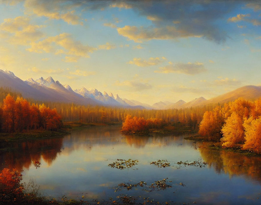 Tranquil autumn lake scene with golden trees, snowy mountains, clear sky