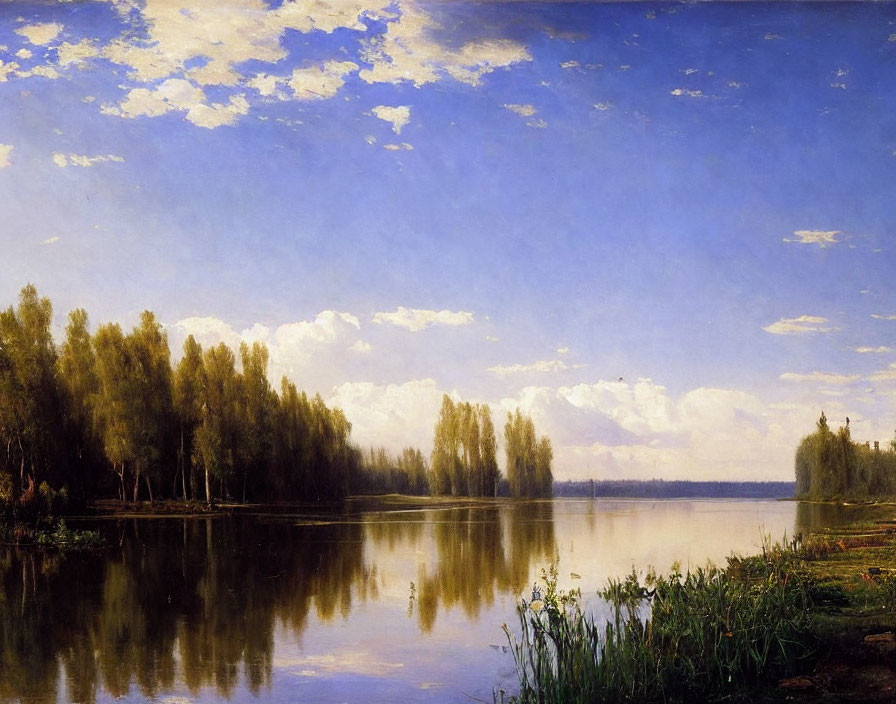 Tranquil landscape: serene lake, green trees, blue sky, scattered clouds.