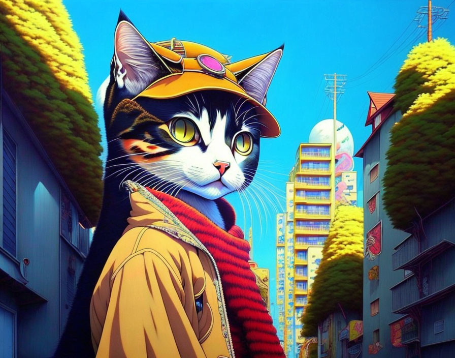 Anthropomorphic cat in yellow firefighter's outfit in colorful urban alleyway