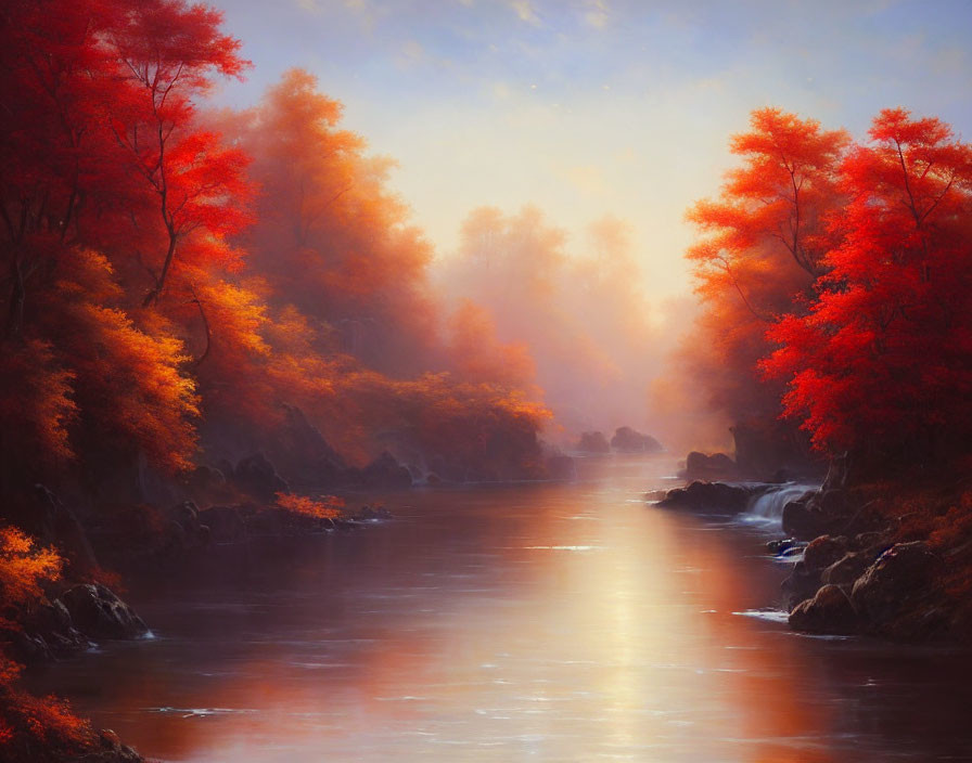 Tranquil autumn river landscape with vibrant foliage and warm golden light