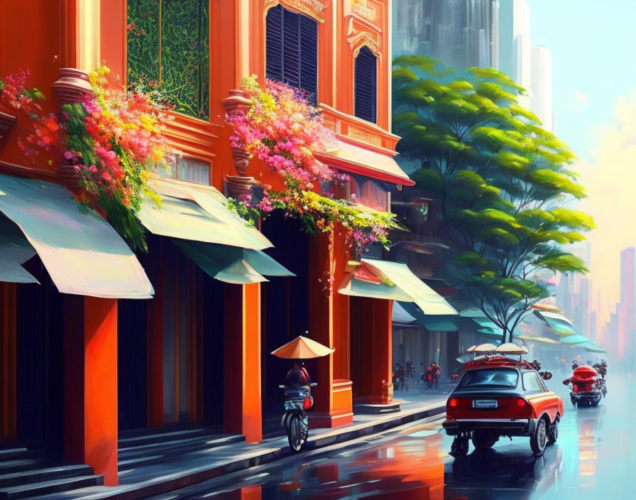 Vibrant street scene with traditional buildings, blooming trees, motorbike, and vintage cars.