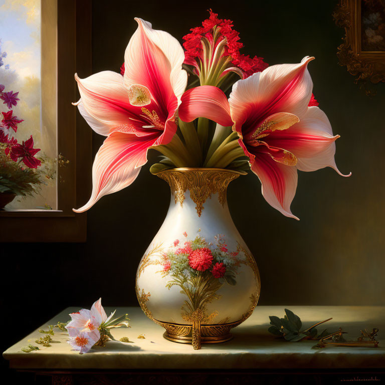 White vase with gold trim and pink flowers in still-life painting