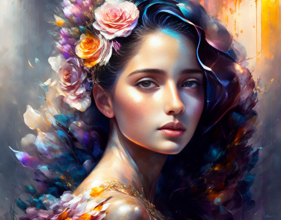 Woman with Floral Headpiece and Ethereal Accents in Painting