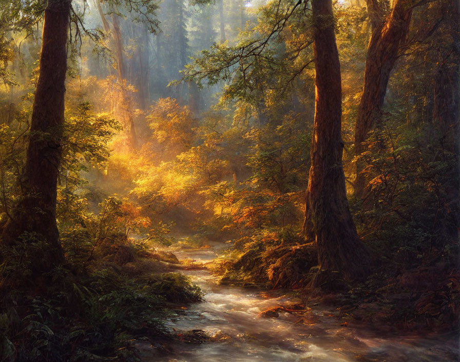 Tranquil Forest Landscape with Sunlight and Stream