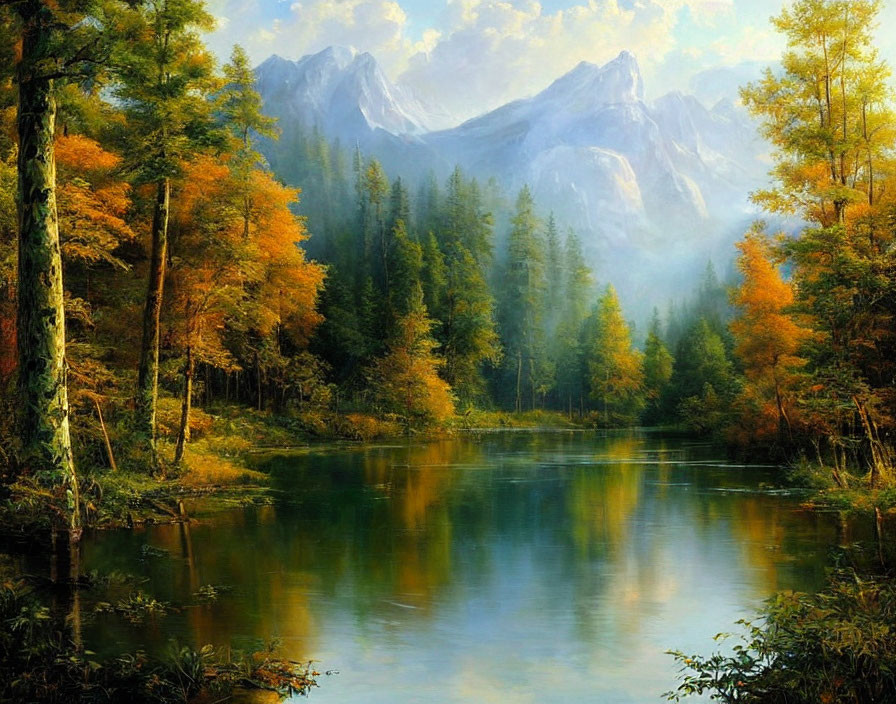 Tranquil autumn forest scene with vibrant trees reflected in lake.