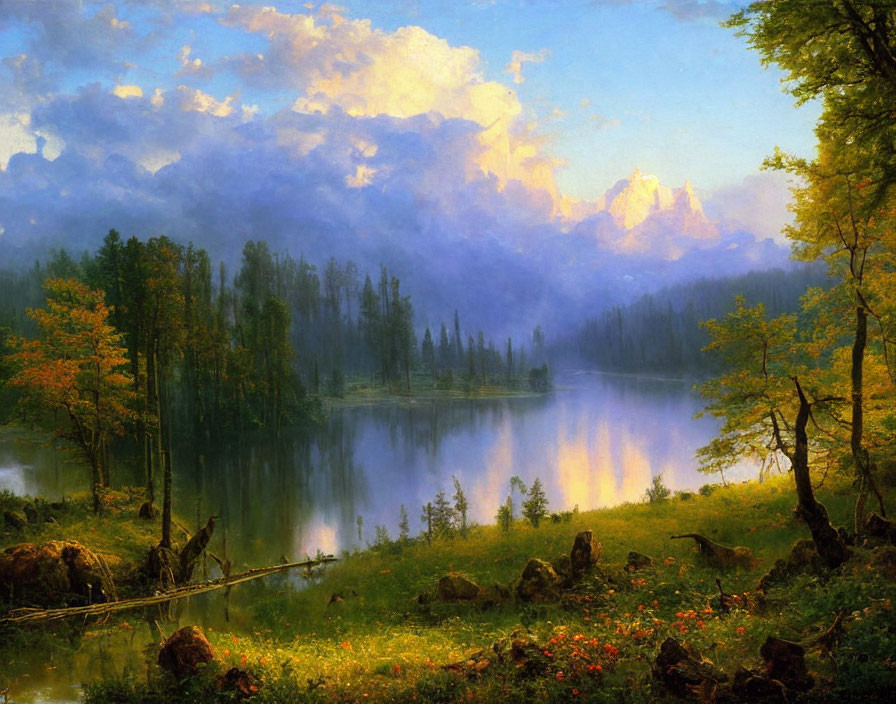 Tranquil landscape: reflective lake, lush trees, mountains, warm light