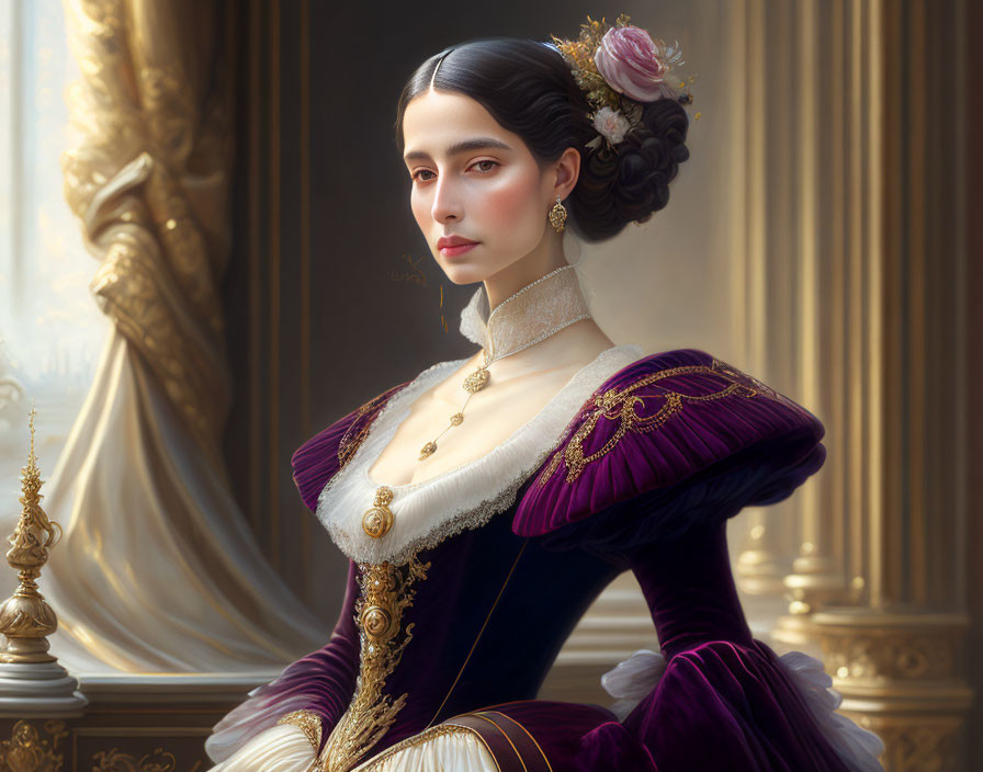 Victorian-style woman in purple dress with gold embroidery by window.