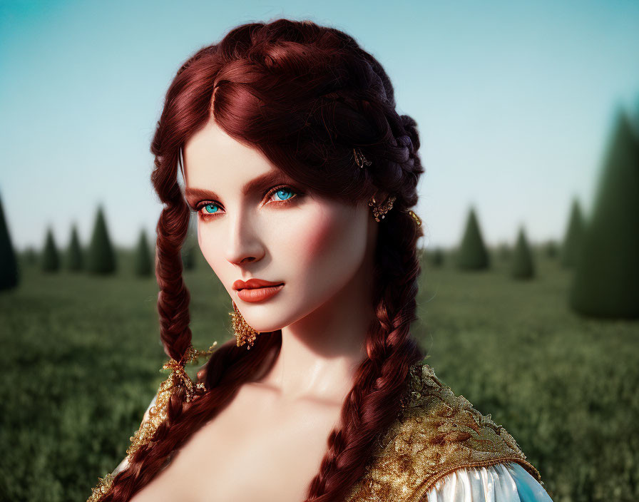 Digital portrait of a woman with blue eyes, red braided hair, in renaissance dress, nature