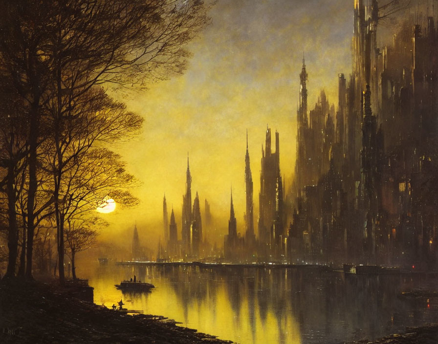 Tranquil sunset over calm river with Gothic spires, boat, and figures