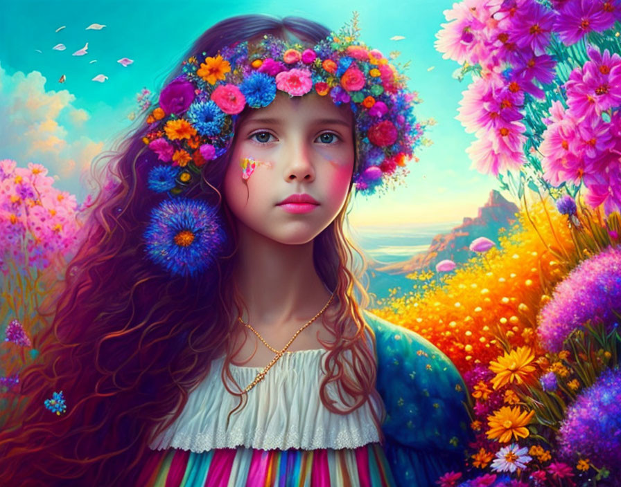 Young girl with floral crown in vibrant flower field