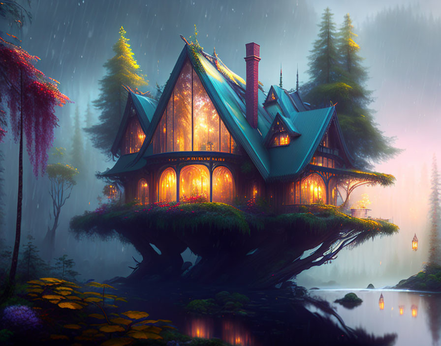 Enchanting Cottage on Floating Island in Mystical Forest