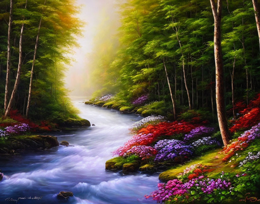 Tranquil forest with multicolored flowers by misty stream