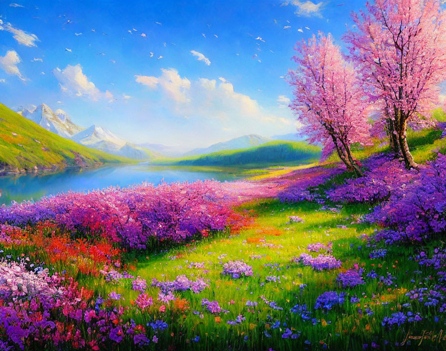 Scenic landscape with cherry blossoms, wildflowers, lake, hills, and mountains