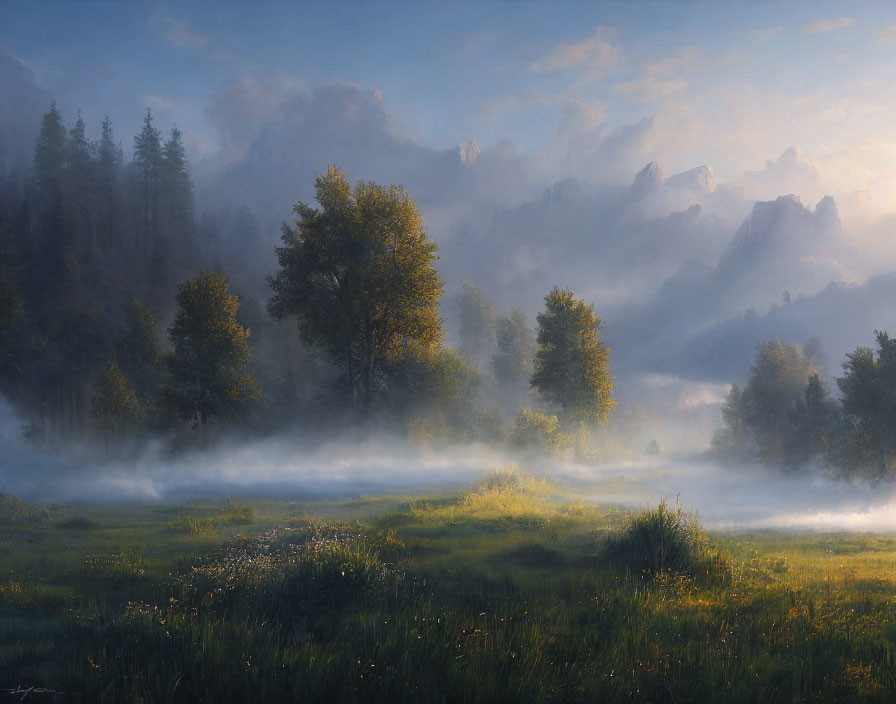 Misty Meadow with Sunlit Trees and Distant Mountains