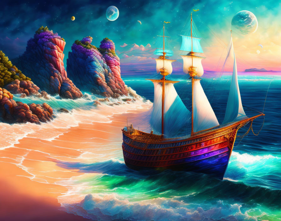 Colorful Sailboat Digital Art with Whimsical Sea and Multiple Moons