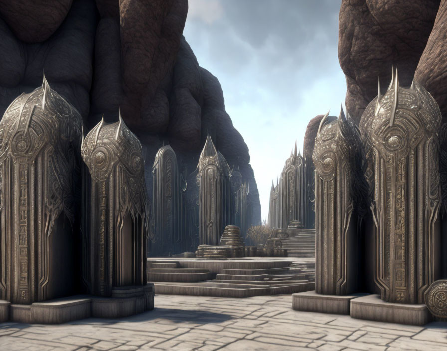 Fantasy corridor with ornate stone doors and distant archway