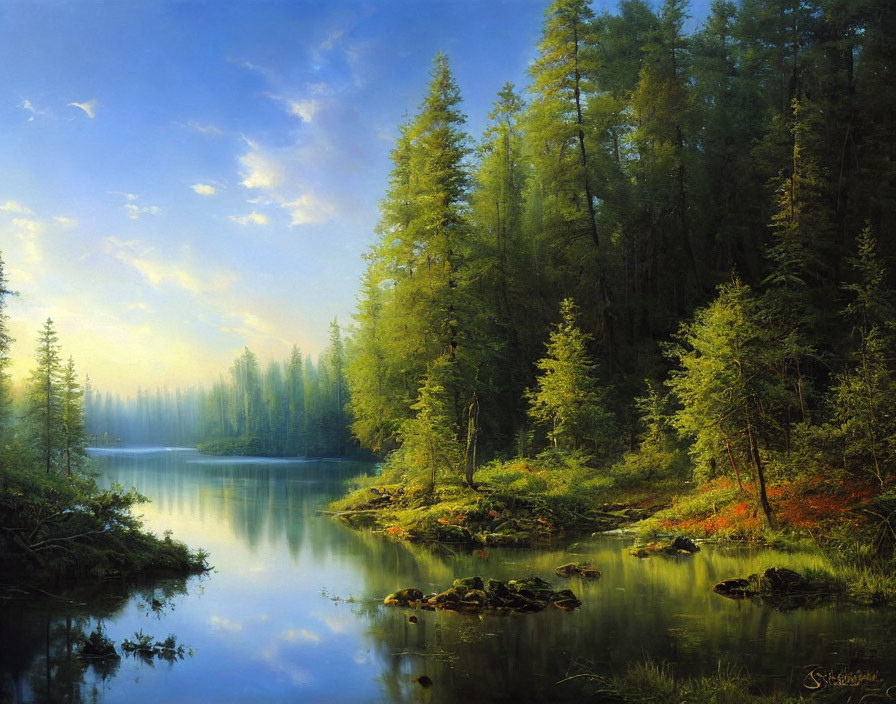 Tranquil forest scene with reflective lake, lush green trees, hazy blue sky, and sun