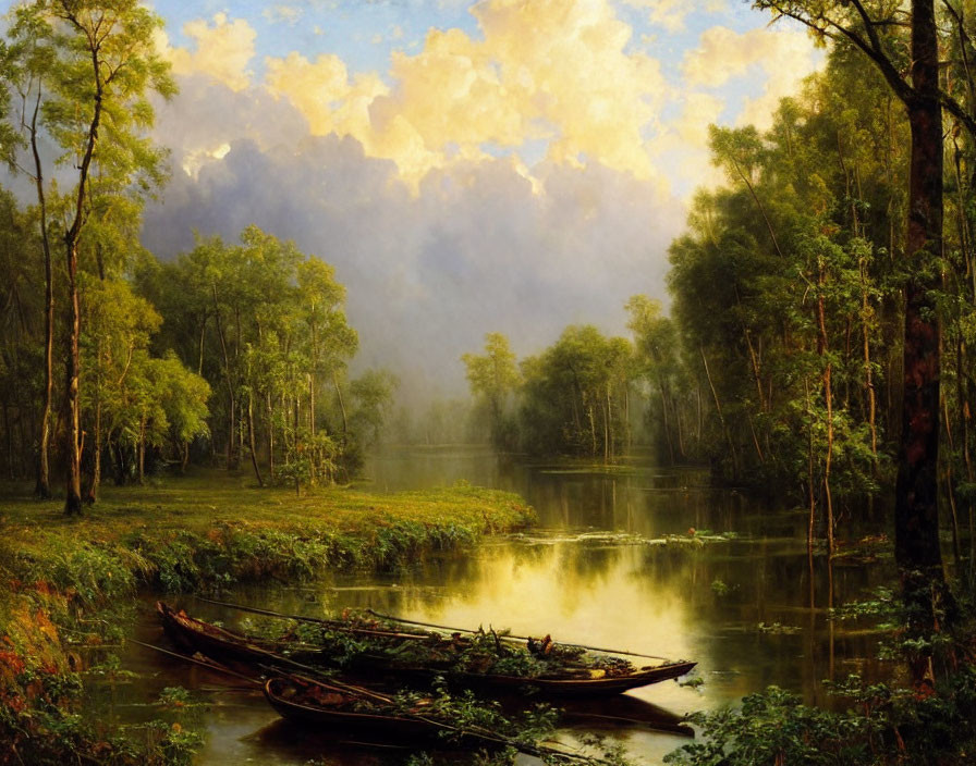 Tranquil landscape painting: two boats on forested river