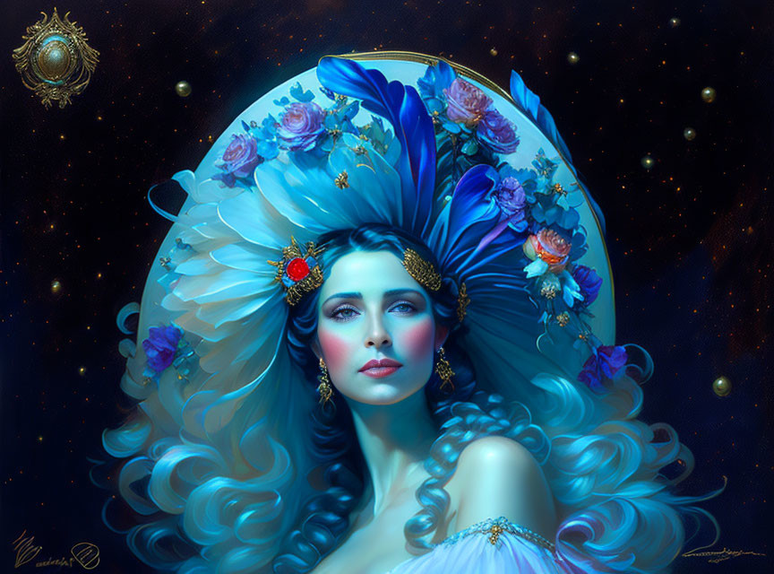 Detailed artwork: Woman with blue flowing hair, floral headpiece, starry background